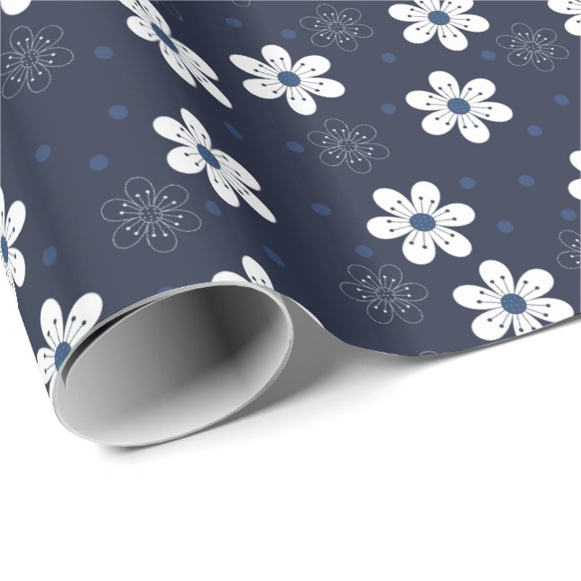 Papel De Presente Azul Marinho Padrão Floral Bonito (Ponta do rolo)