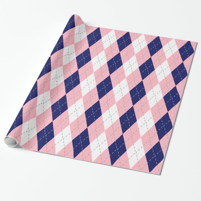 Papel De Presente Azul Marinho Rosa Cinza Escuro Branco XL Argyle (Desenrolado)
