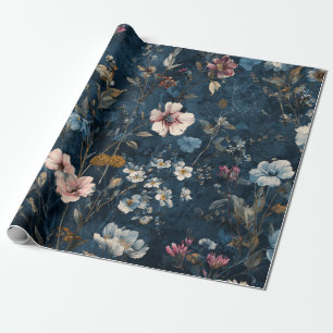 Papel De Presente Azul Marinho Rústico Botânico Floral Elegante Vint
