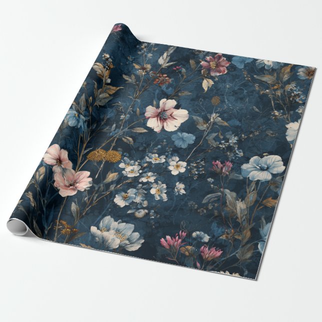 Papel De Presente Azul Marinho Rústico Botânico Floral Elegante Vint (Desenrolado)