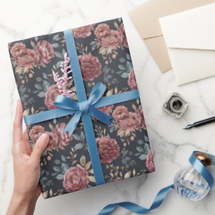 Papel De Presente Azul Marinho Vermelho Borgonha Floral Aniversário