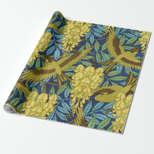 Papel De Presente Azul Marinho Vintage com Padrão Floral Amarelo