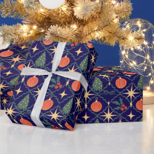Papel De Presente Azul marinho vintage enfeites natal retro