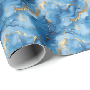 Papel De Presente Azul Médio e Mármore Dourado
