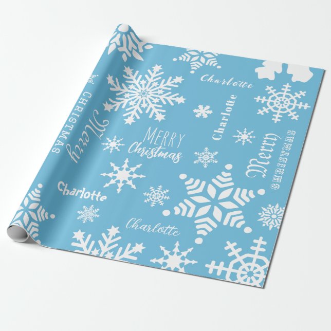 Papel De Presente Azul Moderno Nome Personalizado Neve de Natal (Desenrolado)
