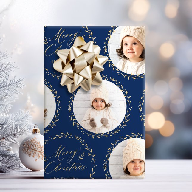 Papel De Presente Azul Moderno Roteiro Feliz Natal Família 6 foto (Blue Modern Script Merry Christmas Family 6 photo Wrapping Paper)