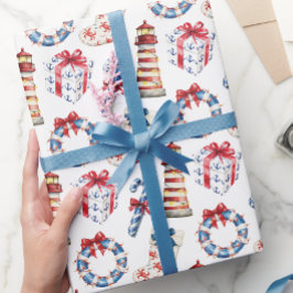 Papel De Presente Azul-Natal costeiro e náutico vermelho