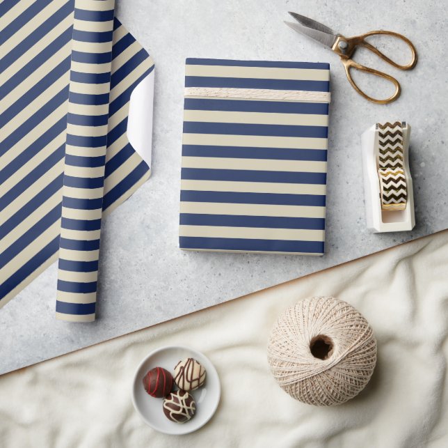 Papel De Presente Azul Naval Bege Listras Minimalistas Elegantes (Artesanato)