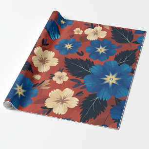 Papel De Presente Azul Negrito e Creme Floral em Fundo Vermelho