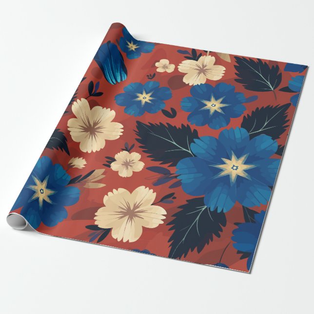 Papel De Presente Azul Negrito e Creme Floral em Fundo Vermelho (Desenrolado)