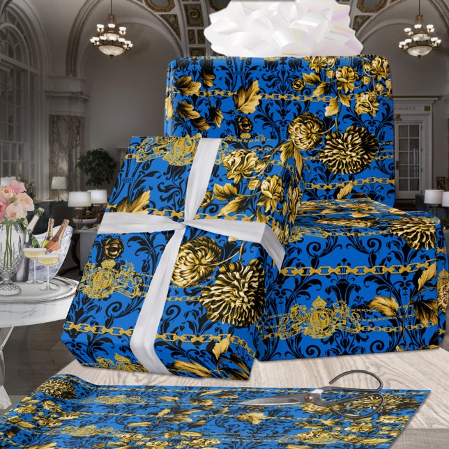 Papel De Presente Azul Negro, Dourado, Acanthus, Cadeias Folhas Luxu (Criador carregado)
