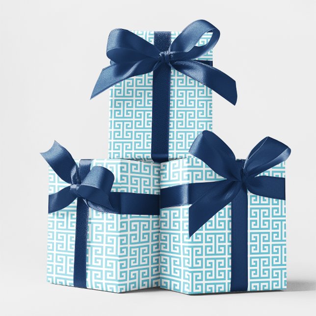 Papel De Presente Azul Ovo de Robin e Padrão Grego Branco (Robin Egg Blue and White Greek Key Pattern Wrapping Paper)