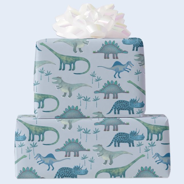 Papel De Presente Azul Padrão do Dinossauro (Cute dinosaur gift wrapping paper roll)