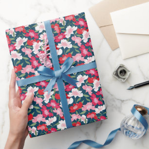 Papel De Presente Azul-Padrão Floral Vermelho Colorido