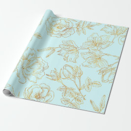 Papel De Presente Azul Pastel, com rosas Dourados
