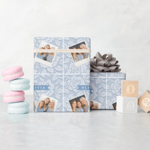 Papel De Presente Azul Personalizado Floral de Renda Elegante Românt