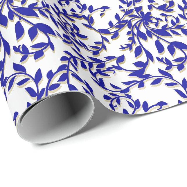 Papel De Presente Azul Profundo Folha Castanha Floral Botânica (Ponta do rolo)