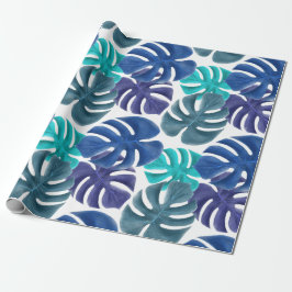 Papel De Presente Azul Real e Aquático Tropical da Moda Folhas de Mo