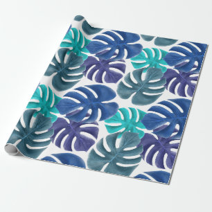 Papel De Presente Azul Real e Aquático Tropical da Moda Folhas de Mo