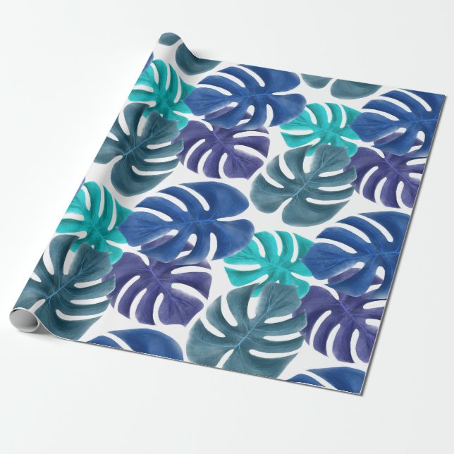 Papel De Presente Azul Real e Aquático Tropical da Moda Folhas de Mo (Desenrolado)