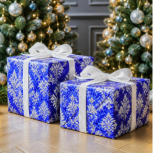 Papel De Presente Azul Real e Branco Natal Damask Vitoriano