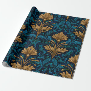 Papel De Presente Azul Rústico Arte Nova Negrito Floral Dourado Vint