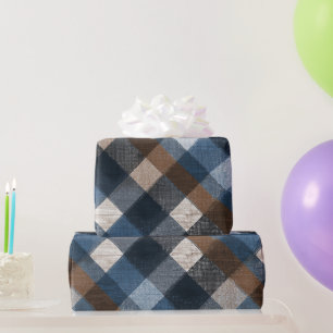 Papel De Presente Azul Rústico Marrom Ganga Xadrez Padrão Xadrez Des