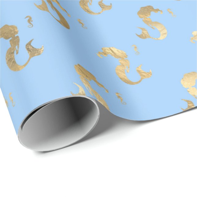 Papel De Presente Azul-sereia e Dourado metálico Elegante (Ponta do rolo)