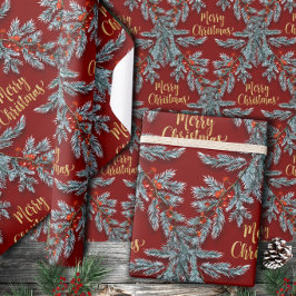 Papel De Presente Azul Spruce Red Berries Dourado Feliz Natal