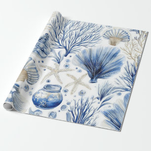 Papel De Presente Azul Toalete Costeiro Padrão Coral (3)