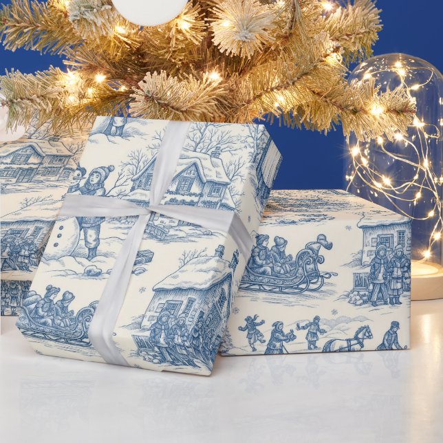 Papel De Presente Azul Toile Chinoiserie de Inverno (Feriados)
