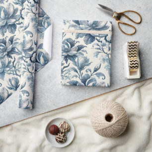 Papel De Presente Azul Toile Floral Vintage Elegante