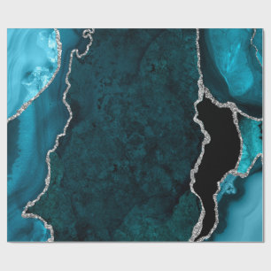 Papel De Presente Azul Turquesa e Ágata Brilhante Falso Prata