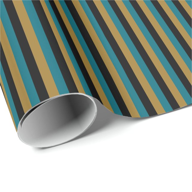 Papel De Presente Azul Turquesa, Preto, Listra Vertical Dourado Fosc (Ponta do rolo)