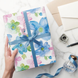 Papel De Presente Azul verde-rosa-chic Aniversário floral