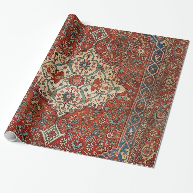 Papel De Presente Azul Vermelho Real Persia Bijar Verde  (Desenrolado)