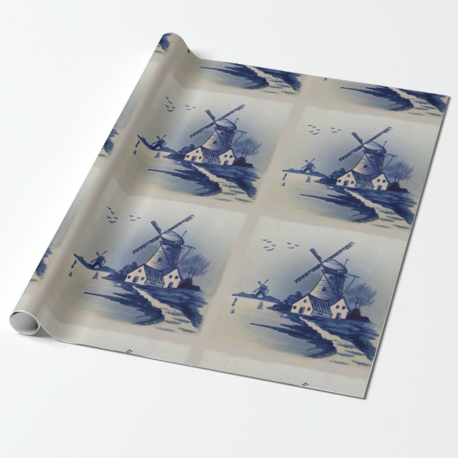 Papel De Presente Azul Vintage Delft Moinho de Vento Branco (Desenrolado)