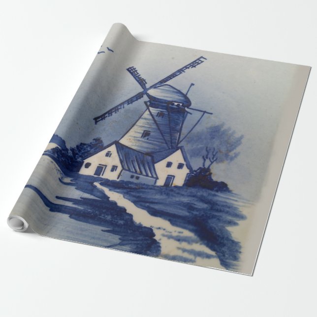 Papel De Presente Azul Vintage Delft Moinho de Vento Branco (Desenrolado)