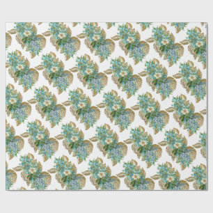 Papel De Presente Azul Vintage e Floral Dourado