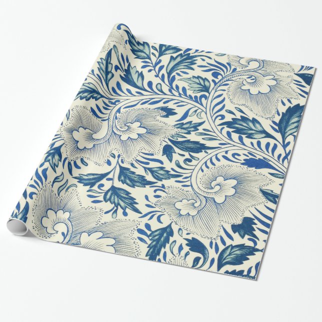 Papel De Presente Azul Vintage Floral Asiático: Chinoiserie Antiga (Desenrolado)