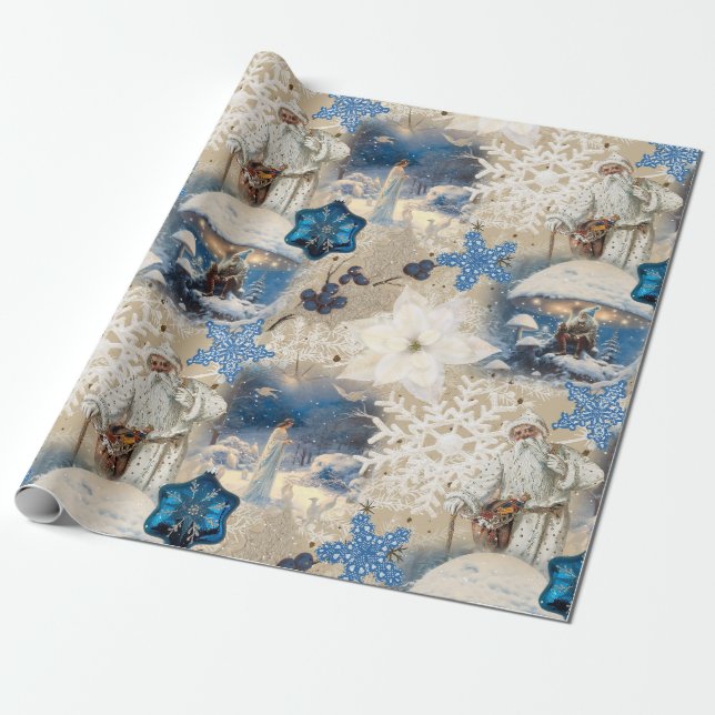 Papel De Presente Azul Yuletide Fantasy Wrappaper (Desenrolado)