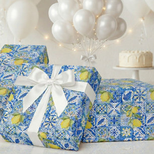 Papel De Presente Azulejo Azul Francês Padrão de Limão Provençal