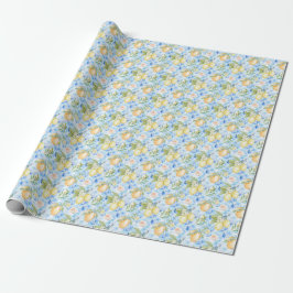 Papel De Presente Azulejo Azul Mediterrâneo Limão Amarelo Aquarela
