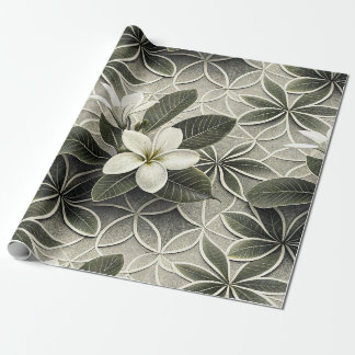 Papel De Presente Azulejo Botânico de Plumeria Branca e Salvia Verde