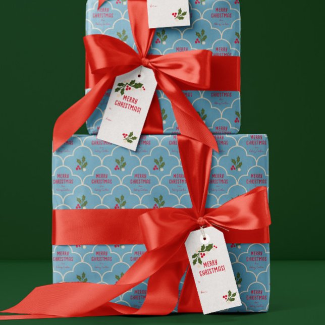 Papel De Presente Azulejo de Escala Azul Sprigs de Natal Personaliza (preppy ice blue scallops with custom text Christmas holiday gift wrapping paper)