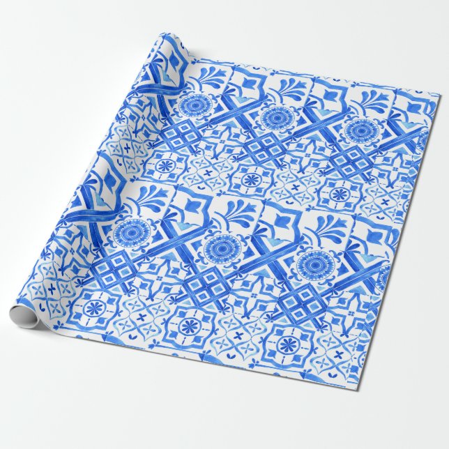 Papel De Presente Azulejo Espanhol Azul Azul Azul Azul Azul Azul Azu (Desenrolado)