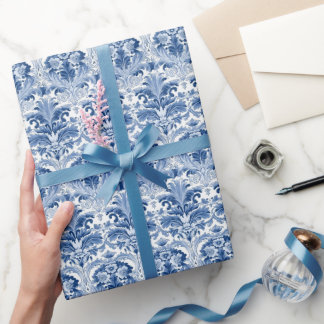 Papel De Presente Azulejo Espanhol Azul e Branco Floral Damasco