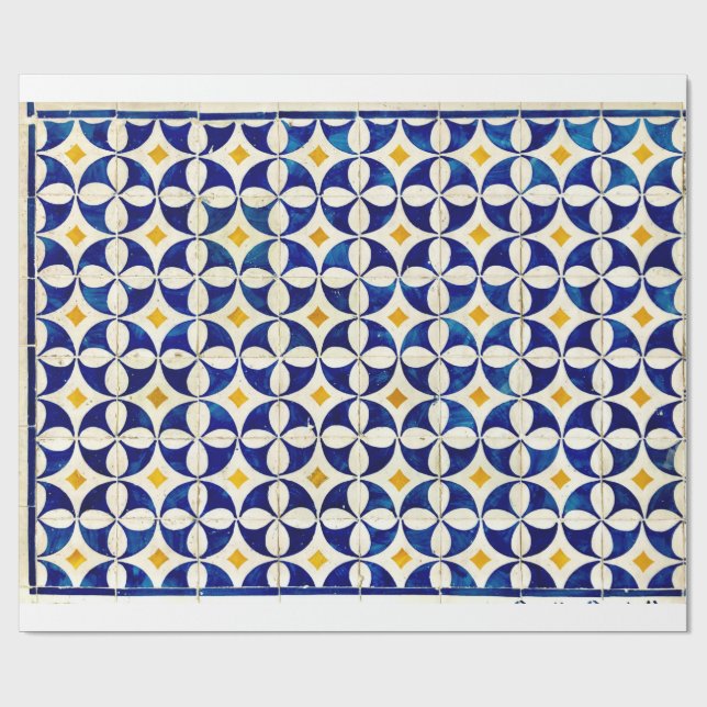 Papel De Presente Azulejo espanhol Marinho marroquino azul amarelo b (Aberto)