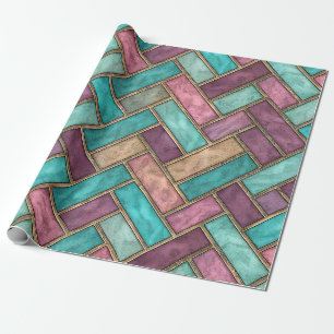 Papel De Presente Azulejo Espinha de Peixe em Verde-Azul e Malva - T
