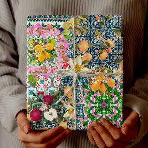 Papel De Presente Azulejo Floral de Citrino Siciliano Azul Chic Rosa